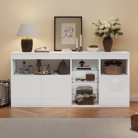 Buffet de salon 155,5 x 35 x 72 cm blanc avec LED, 3 portes et étagères en verre (1/5)