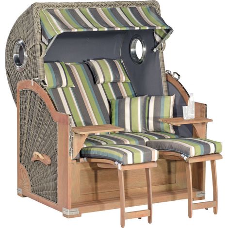 SunnySmart Garten-Strandkorb Rustikal 500 PLUS COMFORT 3/4-Liegemodell 2-Sitzer XL basalt-grau/grün/