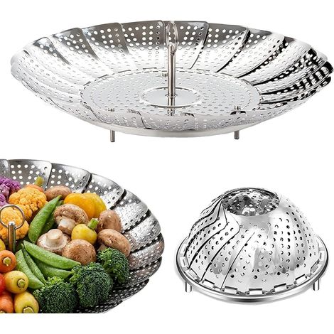 Cesta vaporera de acero inoxidable, vaporera de acero inoxidable de 9" para olla a presión, cesta para cocinar al vapor, vaporera con forma de flor de margarita, vaporera plegable para verduras (1/5)