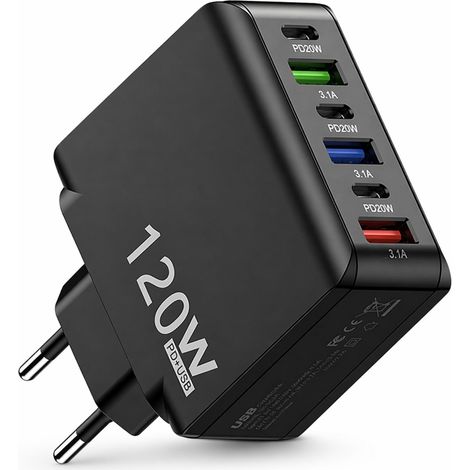 Chargeur USB-C 120W à 6 ports, charge rapide, adaptateur secteur multi-USB compatible iPhone et Samsung Galaxy (1/5)