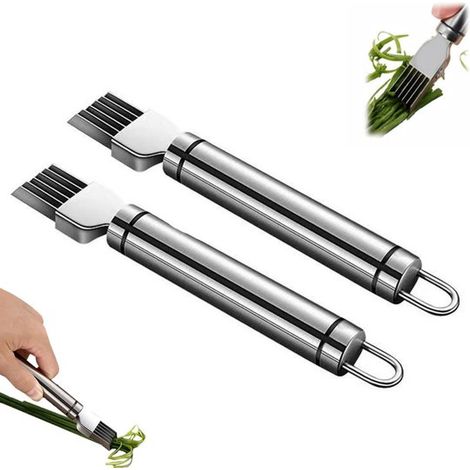 Cortador de cebollas de acero inoxidable (paquete de 2), cortador de hierbas con múltiples cuchillas, herramienta profesional para verduras de precisión, color plata. (1/4)