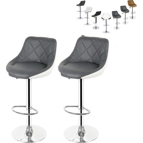 Lot de 2 Tabouret de Bar Confortable Dossier Rembourré Pivotantes et Réglables en Hauteur 59cm-79cm, Gris+blanc