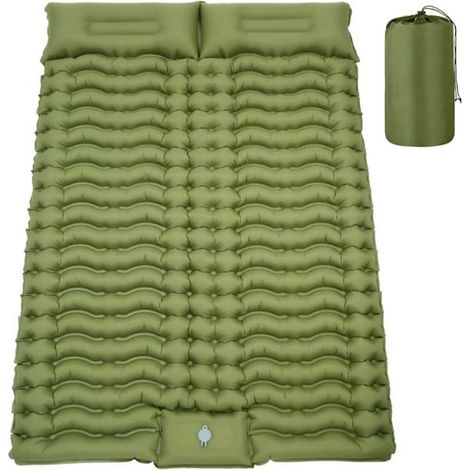 Matelas gonflable camping 2 personnes - Tapis de couchage autogonflant avec pompe a pied - 2 oreillers et sac de transport - Vert (1/5)