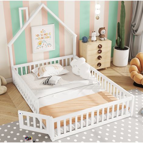Letto per bambini 140x190 con barriere di sicurezza e rete a doghe, bianco, stile camino HAVRYA (1/5)