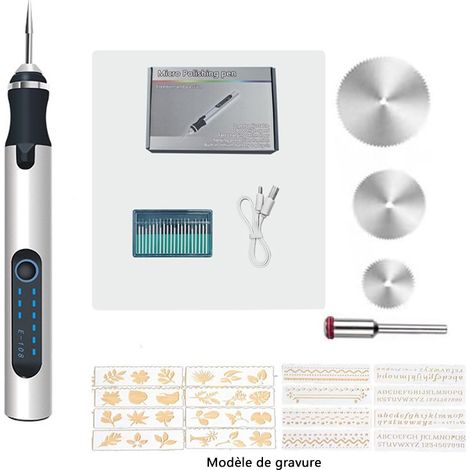 Stylo de gravure électrique sans fil avec gabarit de gravure et ensemble de disque de coupe, mini outil de gravure professionnel rechargeable par USB pour bijoux, bois, métal, pierre, plastique, argen (1/5)
