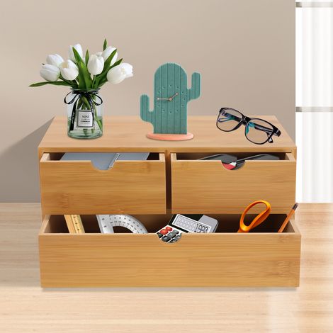 YISSALE-Schreibtisch-Organizer für Bürobedarf Dekoration Mini Bambus Schreibtisch-Organizer Büro Haus 3 Schubladen Regal (1/5)