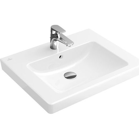 Vasques classiques, 600 x 470 mm, Rectangulaire, modèle meulé, pour robinetterie à 3 trou s, troude robinetterie central percé,avec trop-plein, En porcelaine sanitaire Blanc CeramicPlus