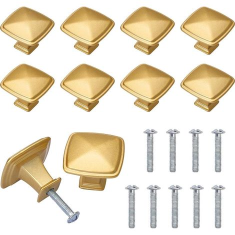 INHHUB Set of 10 Gold Cabinet Drawer Knobs, Brass Door Handles for Cabinets, Kitchen, Closet, Bathroom with Screw Bolts, Square Shape, Zinc Alloy - INHH (1/5)