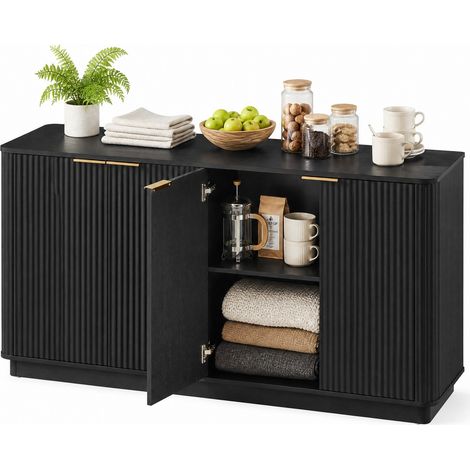 Buffet 4 portes noir en MDF avec rainures verticales, forme ondulée, grand rangement, meuble TV pour salon, chambre ou entrée, 160 cm – CHICFURN (1/5)