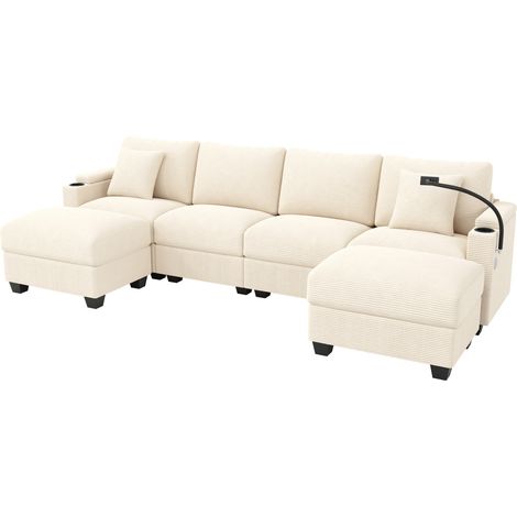 Modulares U-förmiges Ecksofa mit Schlaffunktion, Stoff in Kordeloptik, Beige (1/5)