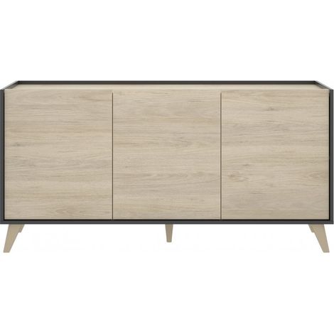 Abitare – Buffet 155 cm graphite et chêne naturel – 3 portes – Panneaux de particules laminés – Style nordique pour salon