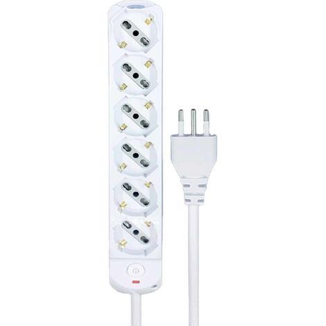Multipresa Ciabatta Elettrica a 6 Posti 6 Prese Bipasso Schuko 10A/16A con Interruttore e Spina 10A Cavo 1.5 metri Bianco