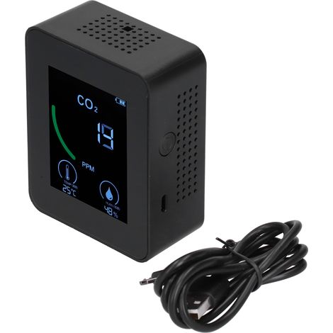 Luftqualitätsmessgerät, CO₂-Monitor, Temperatur-, Feuchtigkeits- und TVOC-Messung, Farbbildschirm, USB-Anschluss, schwarzes ABS-Gehäuse, 8,9 x 7 x 3,5 cm, 200 g, inklusive 1500-mAh-Akku (1/5)