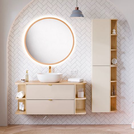 Ensemble meuble simple vasque 120cm niches arrondies colonne et miroir LED Azel Cachemire et Bois
