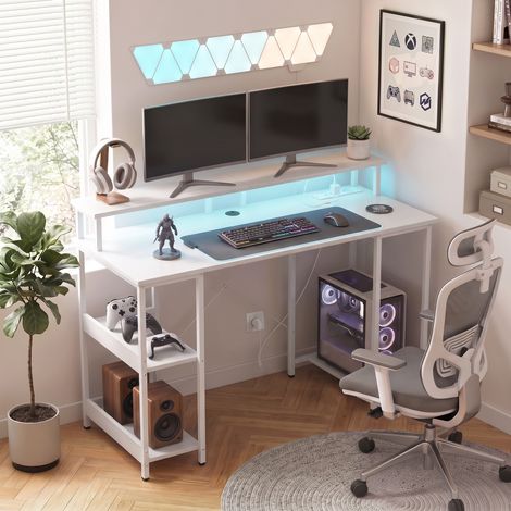 Bureau d'étude réversible avec étagères, 120x50 cm, prises intégrées et éclairage LED, finition blanc chêne clair, poste de travail moderne (1/5)