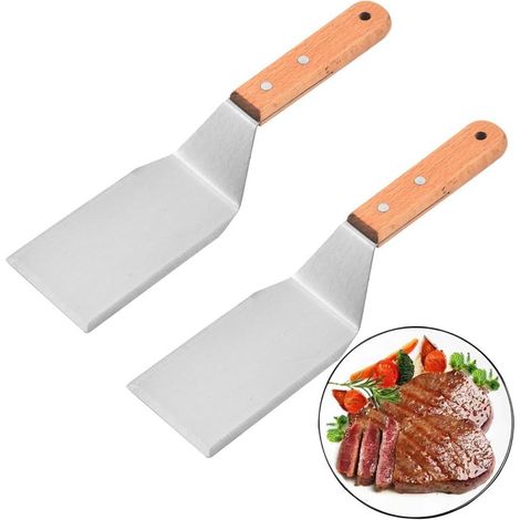 Lot de 2 spatules de barbecue, spatule rectangulaire en acier inoxydable, avec poignée résistante à la chaleur, spatule de cuisine