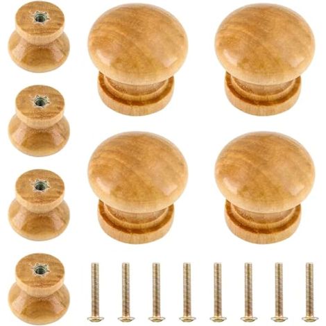 Lot de 16 boutons de commode ronds en bois naturel en forme de champignon pour armoires, placards (2,5 cm de diamètre, 2,2 cm de hauteur) (1/5)