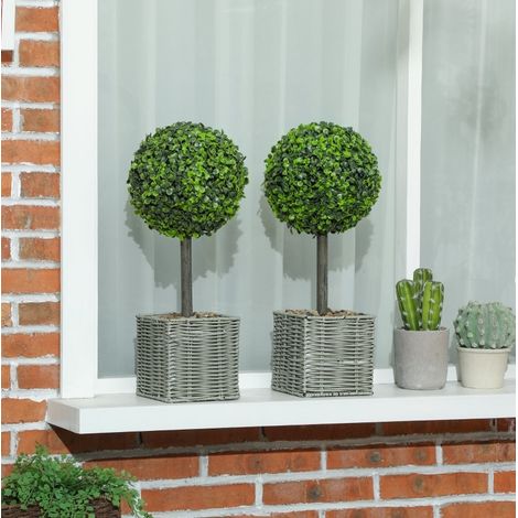 Set de 2 plantas artificiales de boj, resistentes a los UV, para interior y exterior, en maceta, plástico verde (1/5)