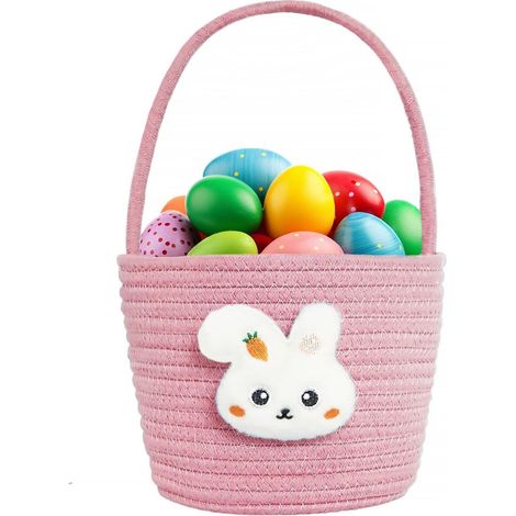 Panier De Paques - Coton Tressé Naturel Avec uf En Bois - Pour Décoration Et Cadeaux Enfants - Rose - 1 Pièce (1/5)