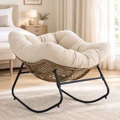 Sillón mecedora de chenilla beige, estructura metálica, carga máx. 158 kg OKMYHOME (1/5)