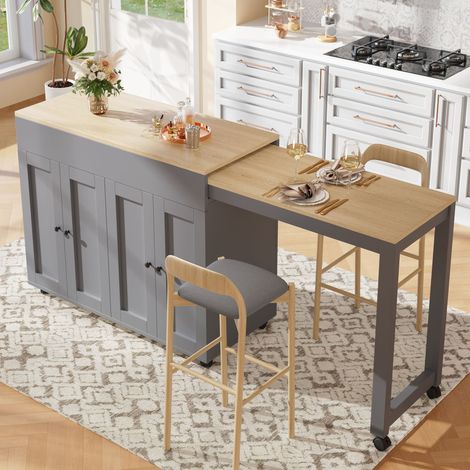 Seyakany Table de bar extensible 117-180x50x94,6 cm,table à manger extensible avec 6 étagères,table de bar,table de bistro,îlot de cuisine(Gris)
