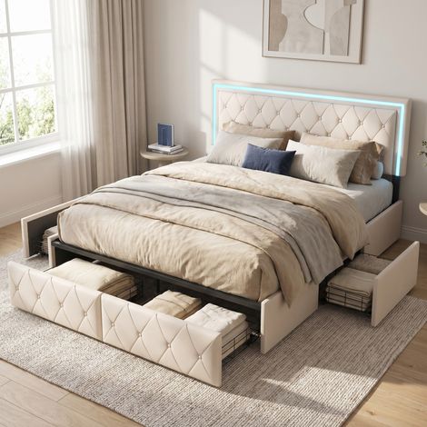 Lit adulte 160x200 avec sommier, 4 tiroirs, lit double avec Éclairage LED, lit capitonné avec tête de lit réglable, design scandinave(160x200cm, Beige) (1/5)