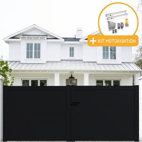 Portail aluminium battant plein en kit + Motorisation dimensions L.3000 (entre piliers) X H.1900 mm SGS Essential (vérins) Couleurs Noir (RAL 9005) (1/2)