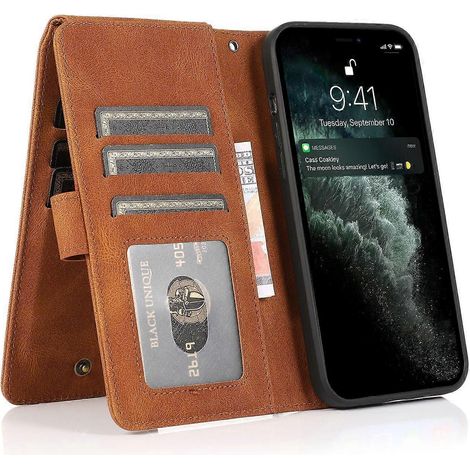 Étui portefeuille pour iPhone 13 Pro Max, léger, en cuir, avec porte-cartes, poche pour billets, support intégré et dragonne, fermeture éclair. (1/5)