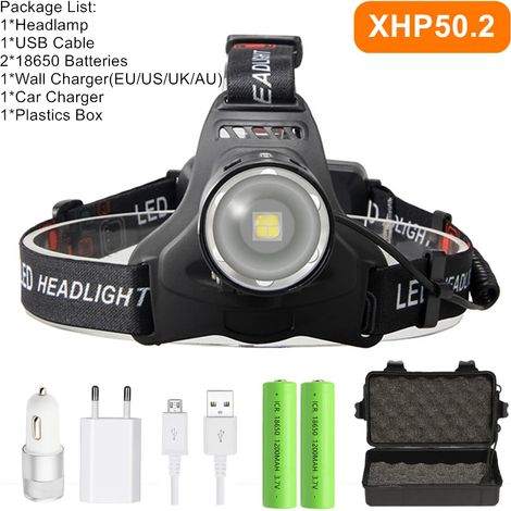 (Pack E) Lampe frontale LED puissante XHP70.2 XHP50.2 avec zoom, lampe torche, batterie 18650 rechargeable USB, lanterne de pêche (1/5)
