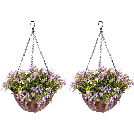 Artificial Flowers in Basket Set of 2, Artificial Hanging Baskets with 75 Leaves 15 Flowers in Pot, Decorative Plant for Home Office Decor, Purple (1/5)
