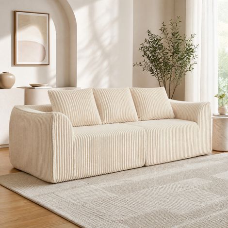 Divano modulare in velluto a coste, linee curve, senza montaggio, beige (1/5)