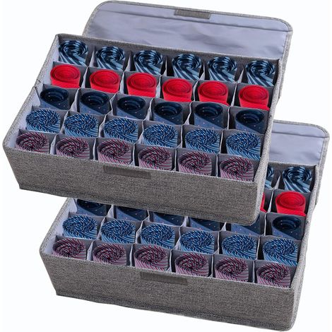Set di 2 organizer per biancheria intima, calze e cravatte con coperchio, pieghevoli, 60 scomparti in totale. Scatole in tessuto per riporre oggetti in armadi e cassetti, divisori per sciarpe e linger