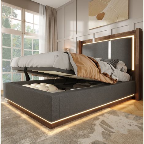 90x200 Jugendbett Polsterbett mit Lattenrost, LED & Bettkasten, Hydraulik, Leinen Grau & Walnuss, ohne Matratze (1/5)