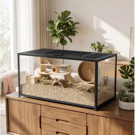 Gabbia per criceti in metallo e acrilico 100 x 50 x 52,5 cm, nera con coperchio apribile DESVIAE (1/5)