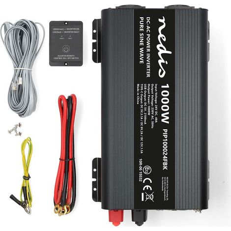 Nedis Power Inverter reine Sinus-Wellen / Eingangsspannung: 24 V DC / Geräteausgangsanschluss: Type F (CEE 7/3) / USB-A / 1x USB-C™ / 230 V AC 50 Hz / 1000 W / Spitzenleistung: 2000 W / Schraubklemme 