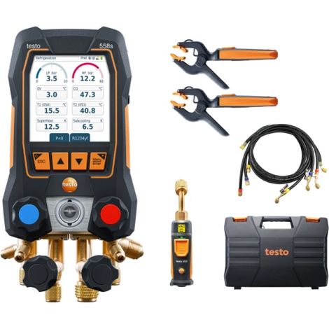 Kit smart vuoto 558s manifold digitale 4 vie con touchscreen, sonde wireless e set di 4 flessibili per impianti hvac/r testo 0564 5583 (1/3)
