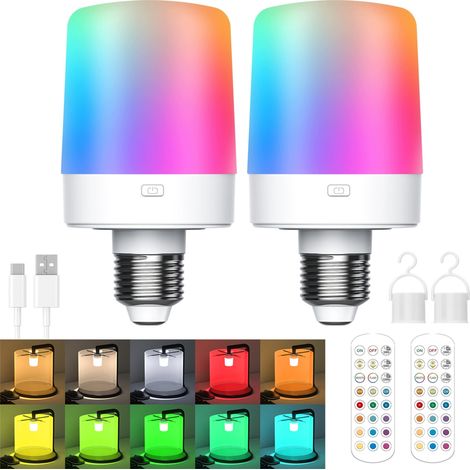 Lot de 2 ampoules LED rechargeables E26 avec télécommande, 15 couleurs, 1800 mAh, magnétique – Pour la maison et le camping (1/5)