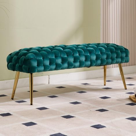Wahson Ottoman Bench in Velvet Bed End Stool Upholstered Bench with Golden Metal Legs Window Seat for Entryway Living Room Bedroom, Green (1/5)