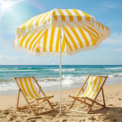 Parasol plage franges Ø180cm extérieur terrasse hauteur réglable inclinaison 30°, jaune blanc
