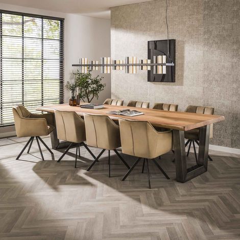 Table 300 cm en acacia + 8 fauteuils en velours champagne - TRUNK