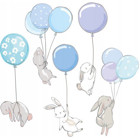 Autocollant décoratif pour enfants - Lapins avec ballons bleus S (1/4)