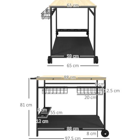Servir un chariot de jardin avec un chariot barbecue à 2 étages avec panier de rangement et porte-gobelet en sapin pour les barbecues et la cuisine