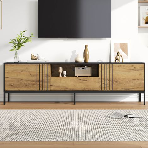 Meuble TV 170x35x50 cm 2 portes 1 tiroir rangements jusquà 70 pouces panneaux de particules Chêne