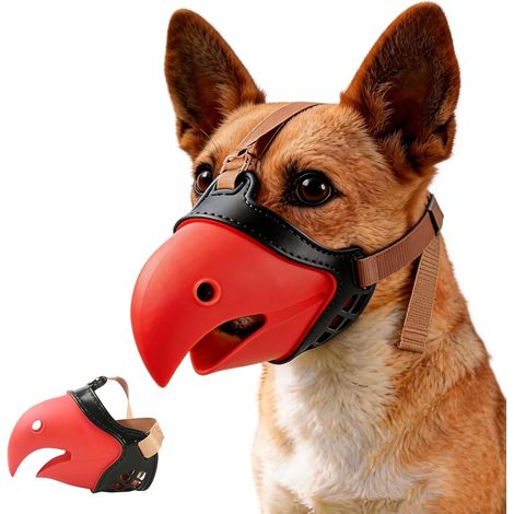 Weicher, atmungsaktiver Hundemaulkorb im Papageienstil, verstellbare Anti-Beiß- und Leckmaske (Schwarz & Rot) (1/4)
