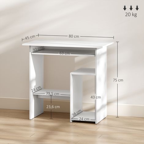 Bureau 80x45cm blanc avec plateau clavier et étagères,panneau de particules,adapté bureau à domicile et chambre (1/5)