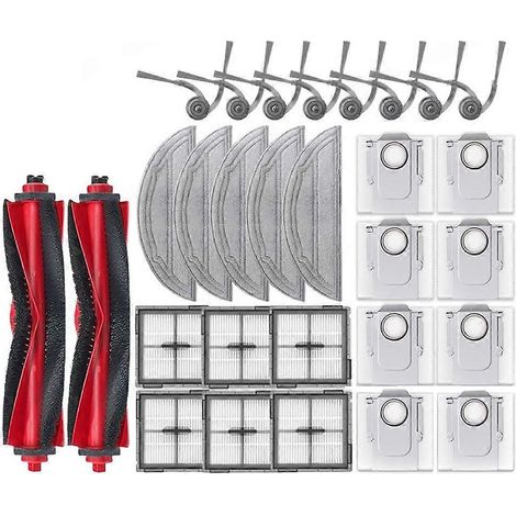 Pièces détachées pour robot aspirateur Roborock Q10 S5+/Q10 V+/Q10 S5/Q10 V : brosse principale, brosse latérale, filtre HEPA, lingette de nettoyage et sac à poussière.