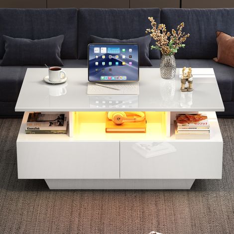Couchtisch aus Spanplatte Weiß Hochglanz 90x55x41 cm mit LED und 2 Schubladen