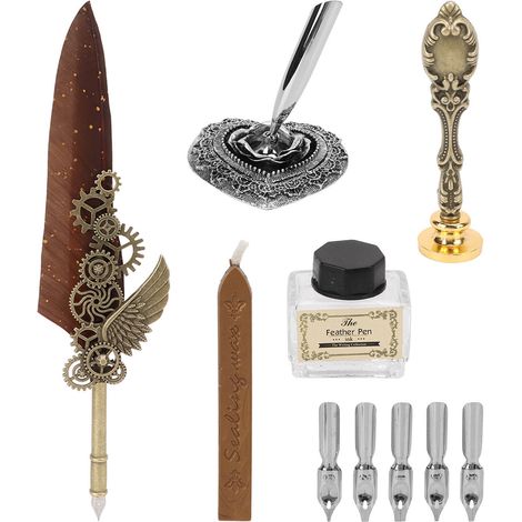 Feather Pen Clear Engraving Quaint Texture Practical Feather Pen Set for Practise Calligraphy Daily WritingSP285719 Sprinkle Golden Brown (1/5)