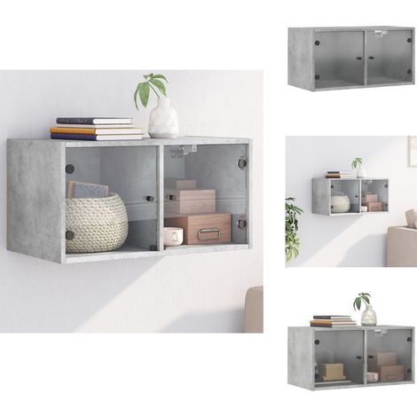 Armoire murale avec portes en verre gris béton 68,5x37x35 cm - Meuble Mural - Armoire Murale - Rangement Mural - Étagère Murale - Meuble Design (1/5)