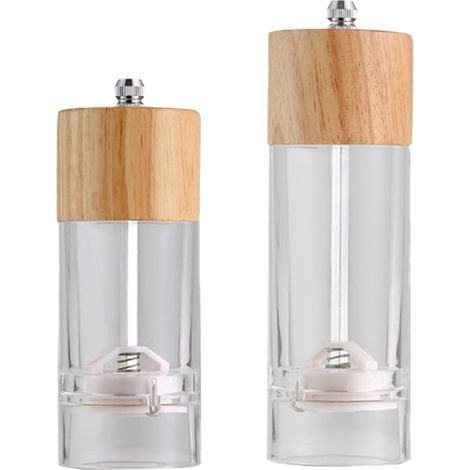 Moulin à Sel et Poivre - Corps Acrylique Transparent avec Finition Bois - Réglage Fin à Grossier - Capacité 200 ml - Lot de 2 (1/5)